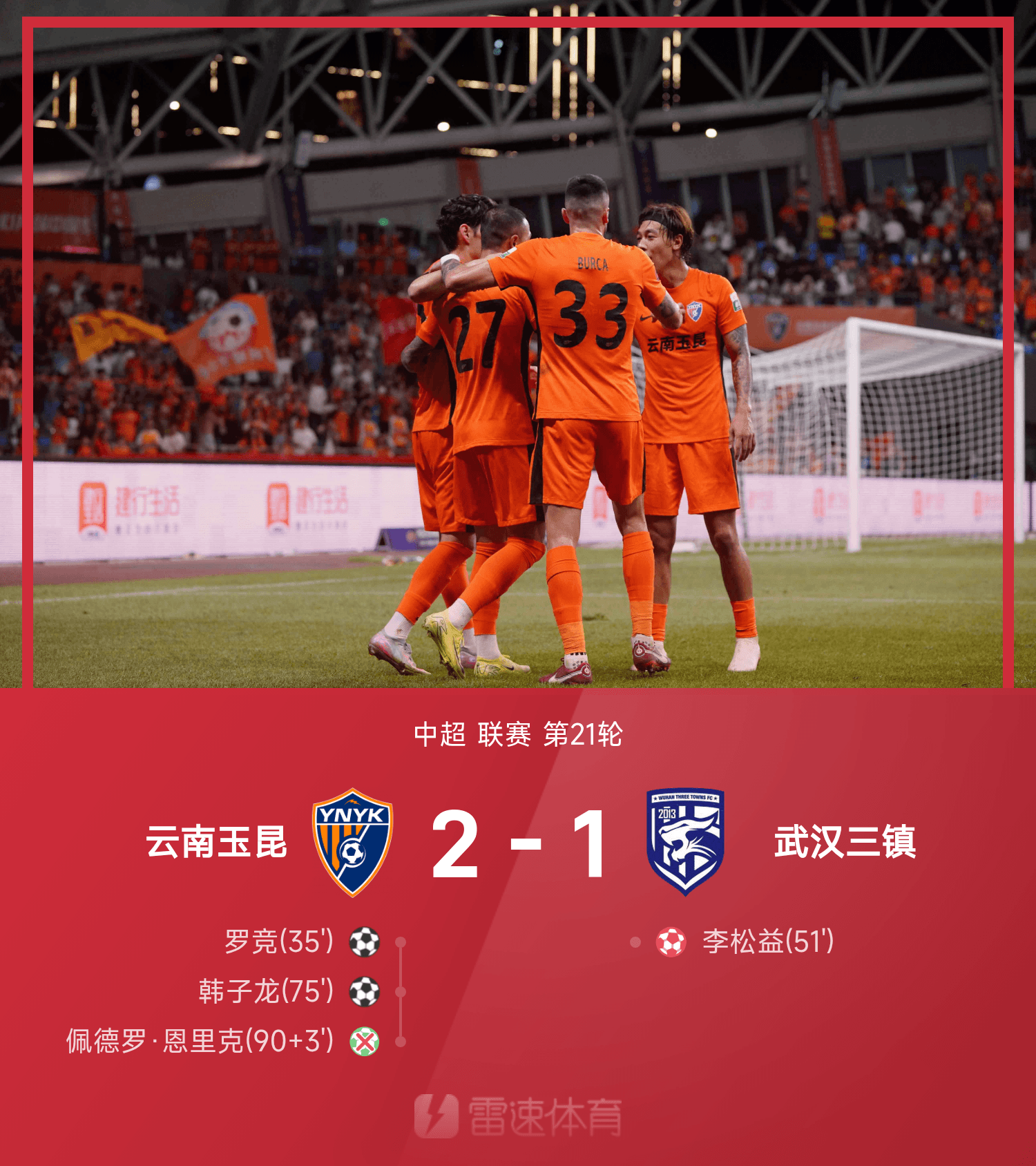 中国足彩网-中超战报：罗竞世界波，李松益自摆乌龙，云南玉昆2-1武汉三镇
