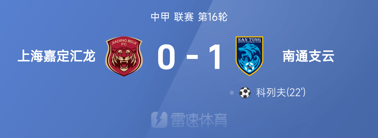 中甲战报：科列夫破门制胜，南通支云1-0战胜上海嘉定汇龙